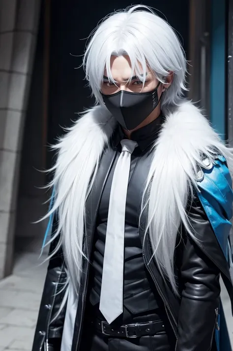 I want a character with a black mask, white hair, blue chest 