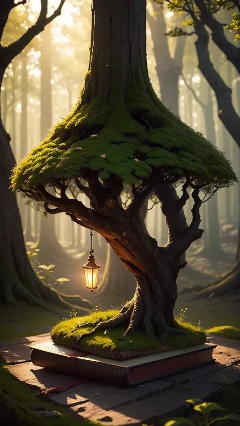 Create a scene set in a magical forest at twilight, with rays of the setting sun filtering through the dense, ancient trees. In the center, a beautifully illustrated, old-fashioned book with a golden, ornate cover lies open on a moss-covered stone, emittin...