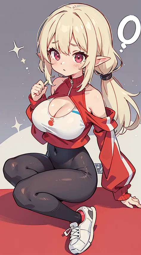 number art、Dark Elves、Sportswear，athletic sneakers，Sports tights，Yuruchara style、Large breasts，Off-the-shoulder attire，nabel，Big breasts Thin waist，cleavage，Raised sexy，Be red in the face