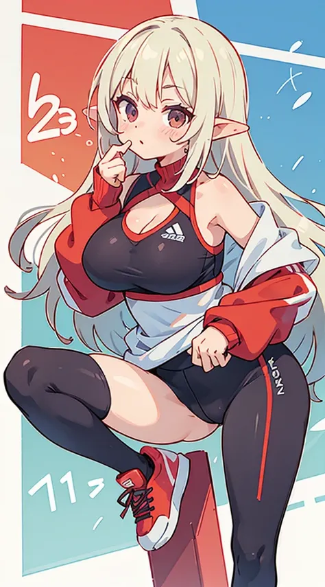 number art、Dark Elves、Sportswear，athletic sneakers，Sports tights，Yuruchara style、Large breasts，Off-the-shoulder attire，nabel，Big breasts Thin waist，cleavage，Raised sexy，Be red in the face