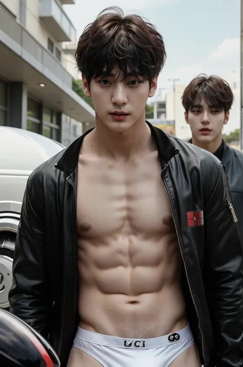 a close up of a person, he stood next to a bigbike motorcycler, bigbike, outsite, topless, shirtless, show sixpack, he wearing white jockstrap or thong underwear, jungkook, hyung tae, very attractive and beautiful, taehyung eating gucci fries, cai xukun, h...