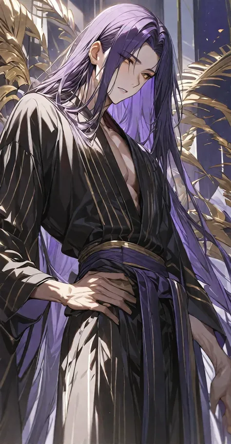 Masterpiece, very detailed, ultra detailed, one, (1 man), 23 old years, A man - he is tall and slender, Hes in a simple black kimono with white stripes, He’s super long dark-purple hair To the waist and with bangs, and golden eyes that shine.