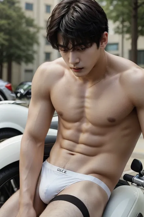 a close up of a person, he stood next to a bigbike motorcycler, bigbike, outsite, topless, shirtless, show sixpack, he wearing white jockstrap or thong underwear, jungkook, hyung tae, very attractive and beautiful, taehyung eating gucci fries, cai xukun, h...