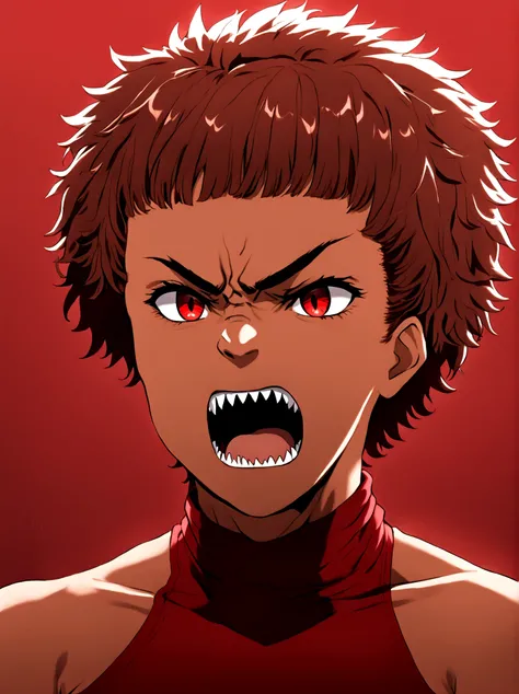 A tall and strong man, BROWN SKIN, crimson eyes, short fluffy hair that is deep red and covering her left eye, Sharp teeth, a bow in her hair, Red eyes, clothing high neck off shoulder t-shirt, very angry and grumpy.