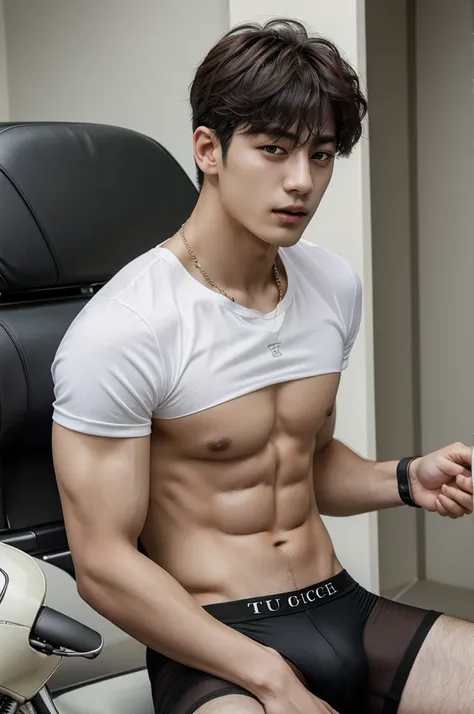 a close up of a person, driving bigbike motorcycler, bigbike, outsite, topless, shirtless, show sixpack, he wearing white jockstrap or thong underwear, jungkook, hyung tae, very attractive and beautiful, taehyung eating gucci fries, cai xukun, handsome and...