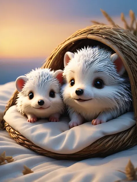 With the sunset in the background,(masterpiece:1.2, high quality), Several baby hedgehogs sleeping together in bed、