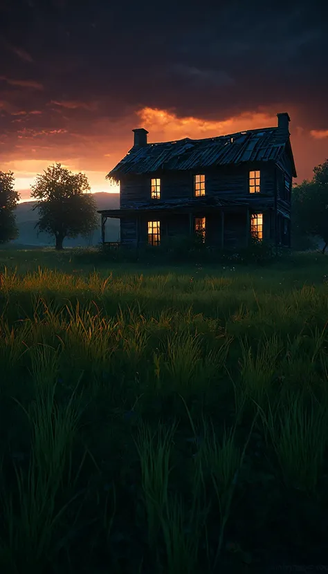 {{Masterpiece, Best Quality, Extremely detailed CG, unity wallpaper 8k, cinematic lighting}}, dark sky, abandoned country house, meadow during sunset