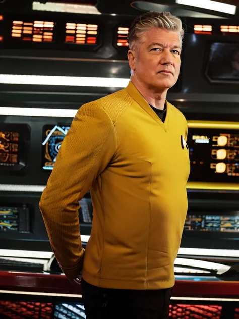 David Lynch in yellow stsnwunf uniform,on starship bridge,