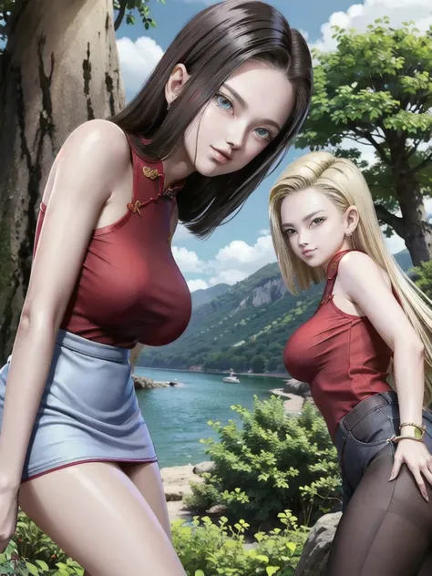 android 18,blonde hair,(((long straight hair))), blue eyes, ((long slit red cheongsam)), red sexy cheongsam, red , (big breasts)...