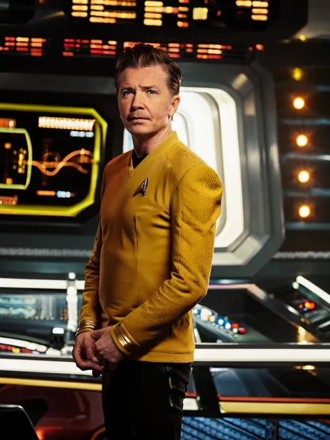 gary oldman in yellow stsnwunf uniform,on starship bridge,