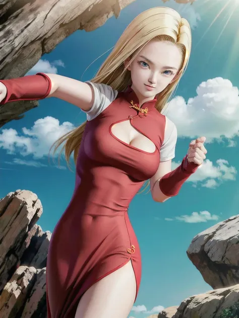 android 18,blonde hair,(((long straight hair))), blue eyes, ((long slit red cheongsam)), red sexy cheongsam, red , (big breasts)...