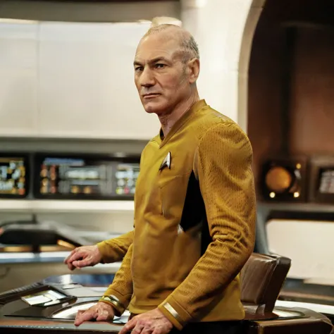 patrick stewart in yellow stsnwunf uniform,on starship bridge, tng-picard