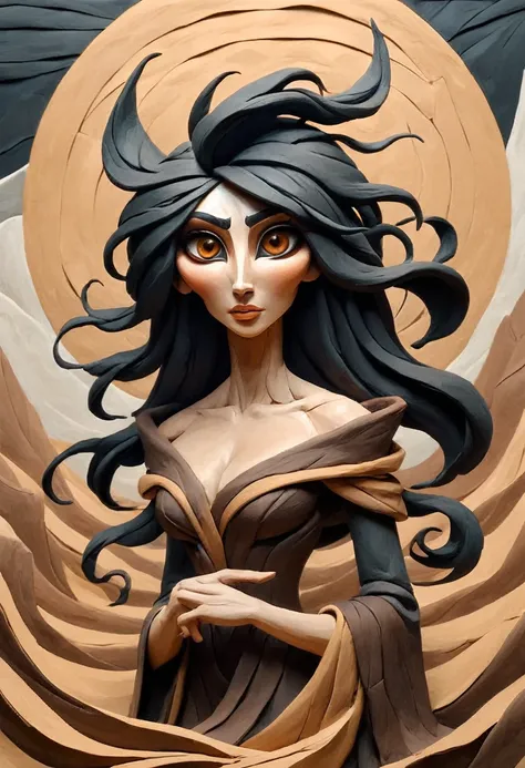 painting of a claymation woman with flowing black hair, peter mohrbacher, gorgeous brown eyes, surreal, fantasy design, textured, ample cleavage, dark brown eye color, masterpiece, intricate origami paper art background, paper-cut, abstract painted landsca...