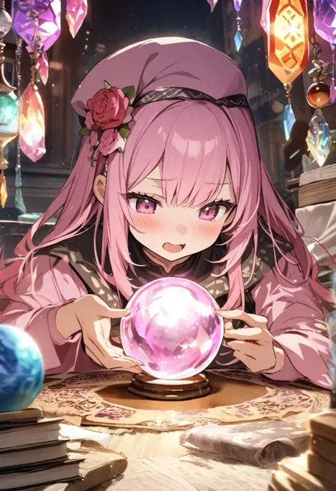 looking into the crystal ball、fortune telling、pink haired woman