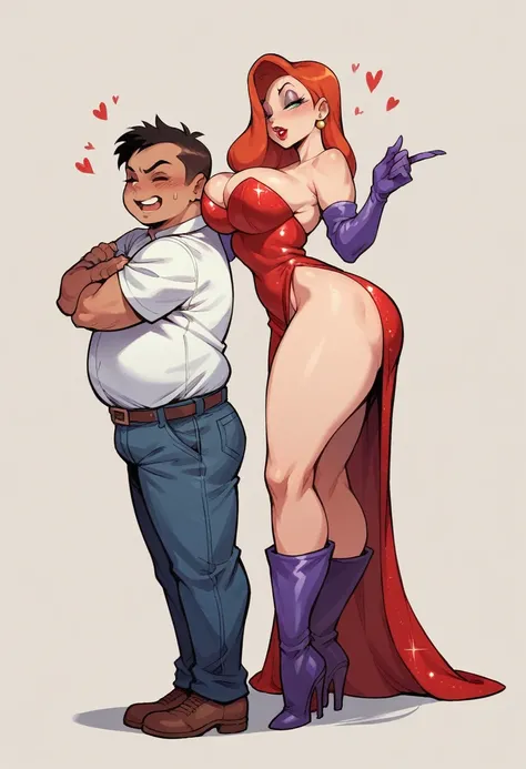 a fat boy is talking to jessica rabbit, she has big breasts and a big ass, she is dressed in a red dress and long boots, they are near at the hotel,tétons 