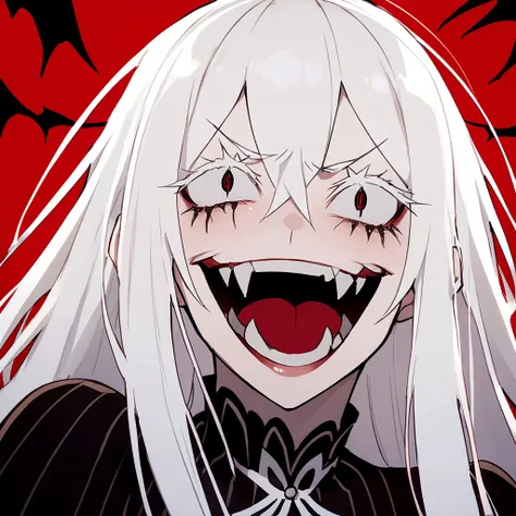 evil woman, psycho laugh, loca, white hair, thick white eyelashes, fangs, demonic, echidna re:zero, crazy laugh, pure evil, blac...