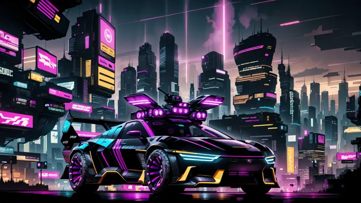 black futusiticc sprot car, metalic black with purple stripes, driving through the futuristic city by night