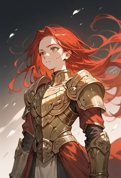 girl, red hair, golden armor,