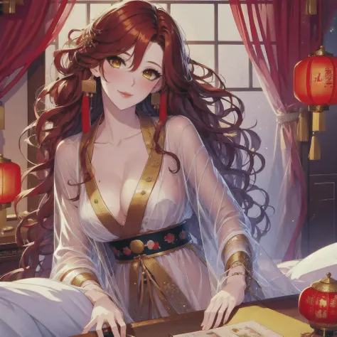 (masterpiece, best quality: 1.2), 1 female, Xian mei, individual golden eyes, long red curly hair, jewelry, perfect anatomy, traditional Chinese room, nude, nudity, sexy, hot, night, starry sky, night beautiful sky, bright stars,