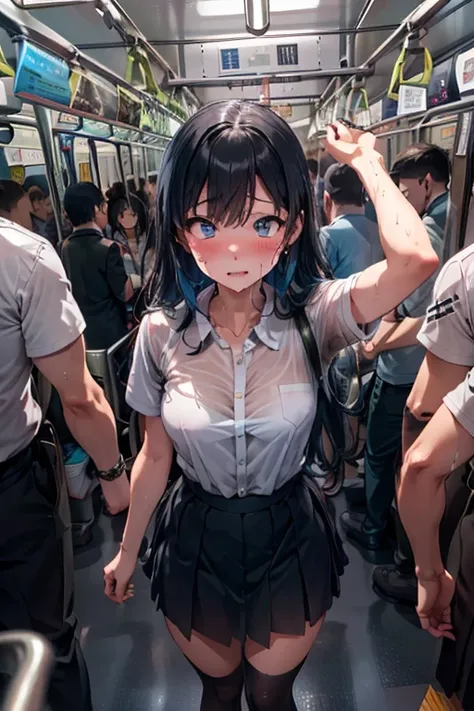 NSFW、masterpiece, 最high quality, high quality, High resolution, One girl, alone, Blue Hair, Long Hair, blue eyes, White shirt ,Black office skirt, Knee socks, whole body、Depth of written boundary, In a crowded train,(((Surrounded by men))),(((Molester)))、(...