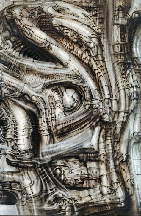 g1g3r, the image is a detailed view of h.r. giger's \" biomechanical landscape no 312 \" plate, featuring a complex network of b...