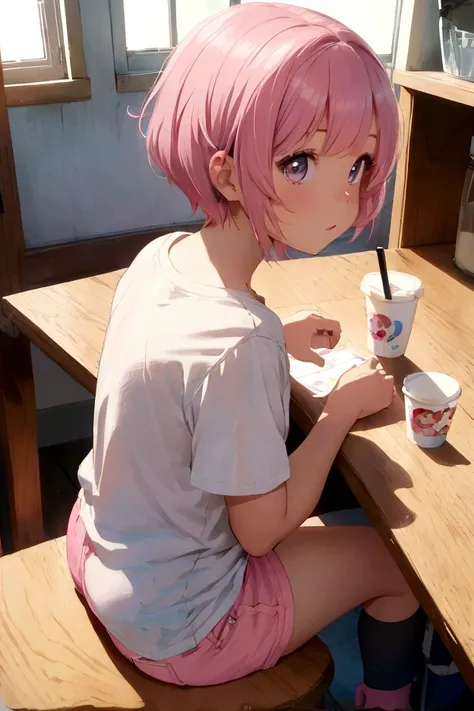 Disney Pixar style, cute girl with short pink hair with bangs, wearing white tshirt and pink shorts, view back, looking away, playing on my cell phone sitting at the kitchen table, a white cup of coffee on the table, realistic, 8k