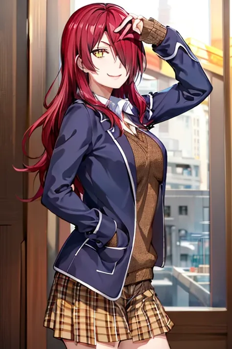 ((masterpiece,best quality)), absurdres, Kobayashi_Rindou_Shokugeki, 1girl, solo, red hair, long hair, hair over one eye, yellow eyes, jacket, plaid,  solo, smiling, looking at viewer, cowboy shot,