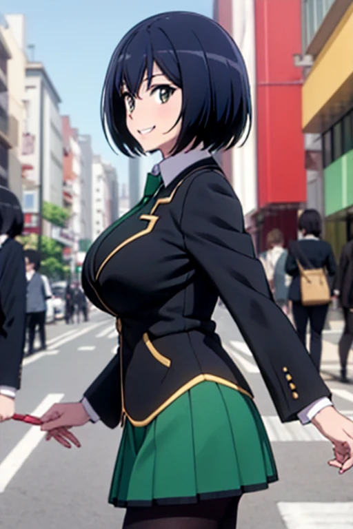 masterpiece, best quality,  sakurada, black blazer, black jacket, long sleeves, green necktie, green skirt, black pantyhose, large breasts, grin, city street, walking, looking at viewer, from side