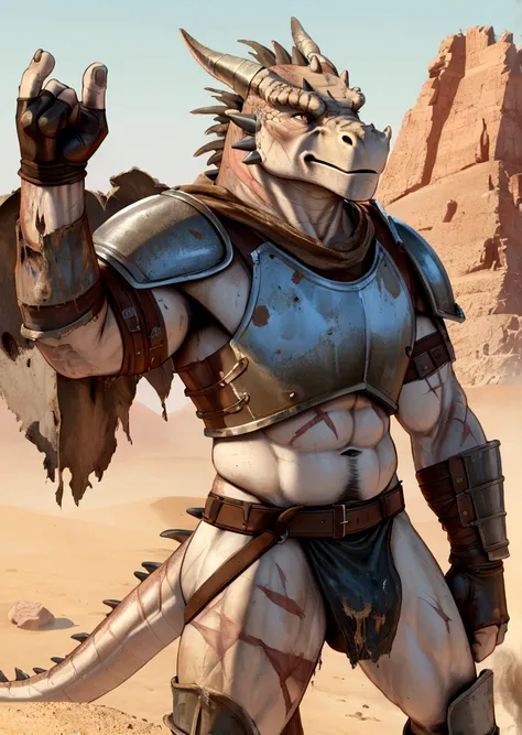 Solo Sexy anthro scalie dragon male mercenary medieval solider, slim endomorph muscular handsone model male apperance, sword scars, worn out rusty skimpy armament, low on hips heavy leather belt, old very worn out skimpy dirty linen material jockstrap, old...