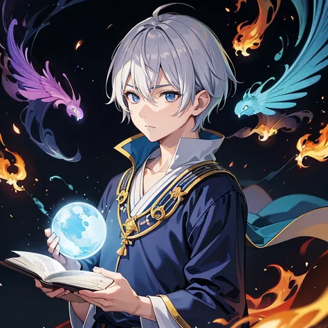 masterpiece, Highest quality, High resolution，Anime Style、Anatomically correct、Follow the prompts、Silver Hair、Short Hair、male、male、One person、Five fingers enveloping a ball of blue flame、ほっそりしたmaleの腕、Two arms、Short Hair、Wizard、Robe、magic、Blue flames fly ar...