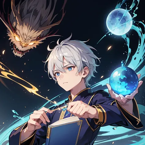 masterpiece, Highest quality, High resolution，Anime Style、Anatomically correct、Follow the prompts、Silver Hair、Short Hair、male、male、One person、Five fingers enveloping a ball of blue flame、ほっそりしたmaleの腕、Two arms、Short Hair、Wizard、Robe、magic、Blue flames fly ar...