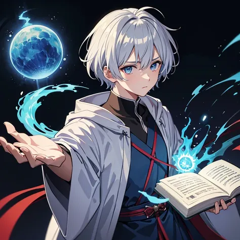 masterpiece, Highest quality, High resolution，Anime Style、Anatomically correct、Follow the prompts、Silver Hair、Short Hair、male、male、One person、Five Fingers、ほっそりしたmaleの腕、Two arms、Short Hair、Wizard、Robe、magic、Blue flames fly around、Hold the spellbook in your ...