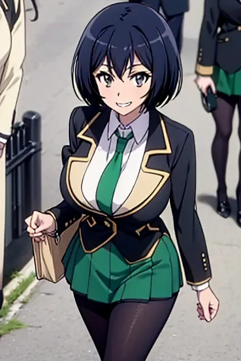 masterpiece, best quality,  sakurada, black blazer, black jacket, long sleeves, green necktie, green skirt, black pantyhose, large breasts, grin, city street, walking, looking at viewer, from above