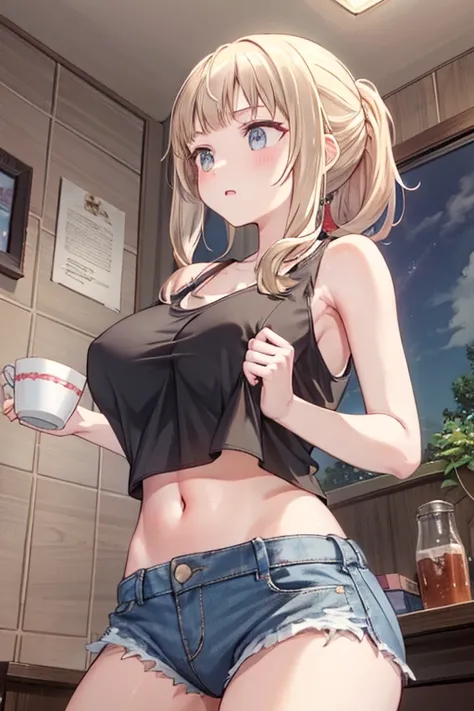 masterpiece、highest quality、Very detailed、An illustration、Beautiful fine details、One Girl、cute、Detailed landscape、Training Room Background:1.4、Platinum Blonde Hair、Braided Ponytail、Red camisole、((a cup breasts, Tank top showing underboob:1.3)),from below