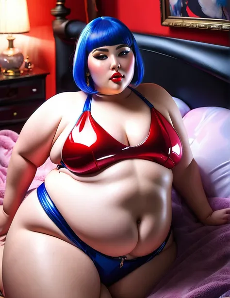 extremely detailed, high quality, realistic, photorealistic, 8k, masterpiece, glowing skin, beautiful face, sensual pose, short blue hair girl, extreme obese, red latex bikini, lying on bed, extreme huge belly, bellyrolls, huge thighs, sweaty, cellulite, s...