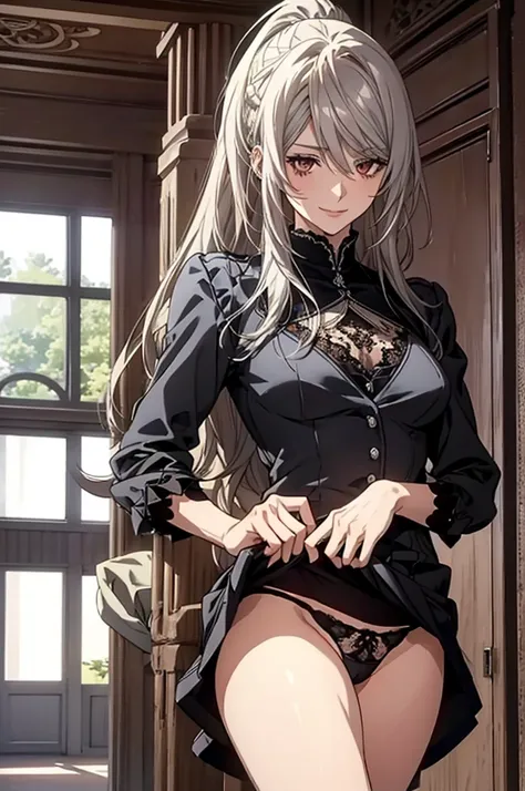 (Confused, High resolution, Very detailed), 1 female, Silver Hair, Long Hair, Reddish brown eyes, Dark suit skirt, lace thong, secretary, Low Ponytail, 24th generation, Beautiful woman, mature, thin, quiet, Calm, Large Breasts, A small smile, Reception roo...