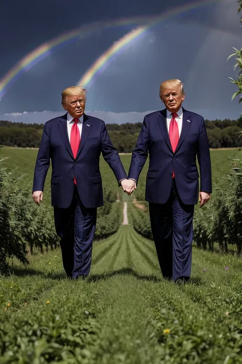 Create a picture of Trump and Biden holding hands in a marijuana field with a rainbow in the background.