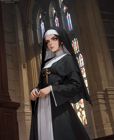 a nun with long brown hair, beautiful detailed eyes, beautiful detailed lips, extremely detailed face, longeyelashes, wearing a black nun habit, standing in a dimly lit cathedral interior, sunlight streaming through stained glass windows, intricate gothic ...