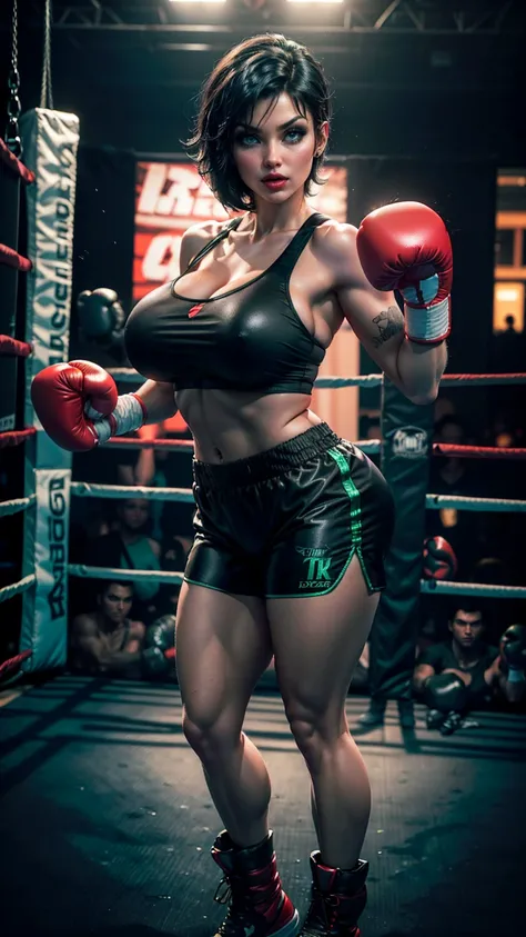 (best quality,highres:1.2), (ultra-detailed), (realistic:1.37), (HDR,UHD), (physically-based rendering), ((curvy thicc mature Denise Milani)), ((black boxing shorts:1.3)), ((skimpy boxing shorts:1.3)), (boxing boots), ((short, straight jet-black hair:1.4))...