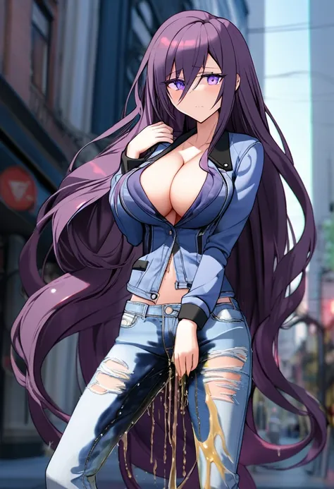 (masterpiece:1.37), best quality, (extremely detailed:1.37), woman, (very long hair:1.5), dark purple hair, purple eyes, (extremely detailed eyes:1.37), (wetting self:1.25), large breasts, stylish jacket, multicolored jackt, jeans, cleavage, navel, city, h...