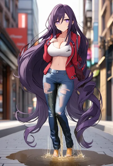 (masterpiece:1.37), best quality, (extremely detailed:1.37), woman, (very long hair:1.5), dark purple hair, purple eyes, (extremely detailed eyes:1.37), (wetting self:1.25), large breasts, stylish jacket, multicolored jackt, jeans, cleavage, navel, city, h...