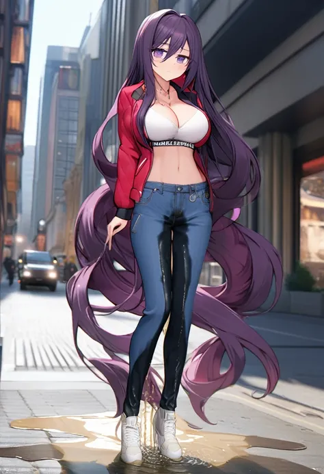 (masterpiece:1.37), best quality, (extremely detailed:1.37), woman, (very long hair:1.5), dark purple hair, purple eyes, (extremely detailed eyes:1.37), (wetting self:1.25), large breasts, stylish jacket, multicolored jackt, jeans, cleavage, navel, city, h...