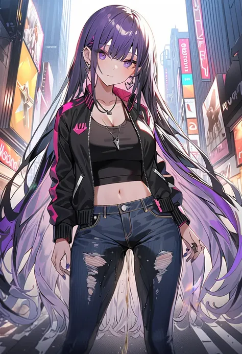 (masterpiece:1.37), best quality, (extremely detailed:1.37), woman, (very long hair:1.5), dark purple hair, purple eyes, (extremely detailed eyes:1.37), (wetting self:1.25), large breasts, stylish jacket, multicolored jackt, jeans, cleavage, navel, city, h...