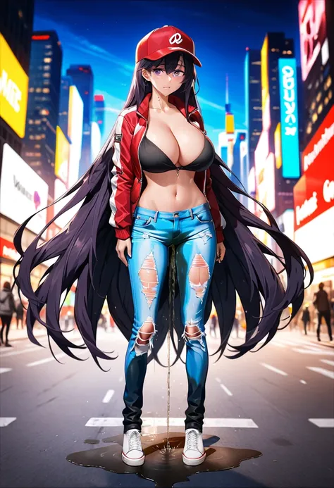 (masterpiece:1.37), best quality, (extremely detailed:1.37), woman, (very long hair:1.5), dark purple hair, purple eyes, (extremely detailed eyes:1.37), (wetting self:1.25), large breasts, stylish jacket, multicolored jackt, jeans, cleavage, navel, city, h...