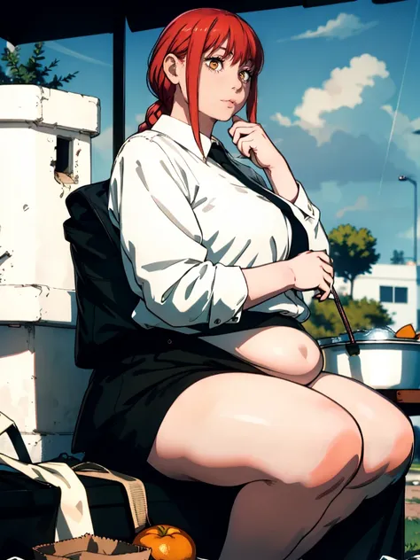 Le personnage Makima de la série animée Chainsaw Man, fragile, obésité morbide, ssbbw, pleine longueur (corps entier 1.1.), fond sombre, obscurité, anatomie correcte 1.1, anatomie correcte de la main, Très féminin, corps gras et rond, ventre sorti xxxl, gr...