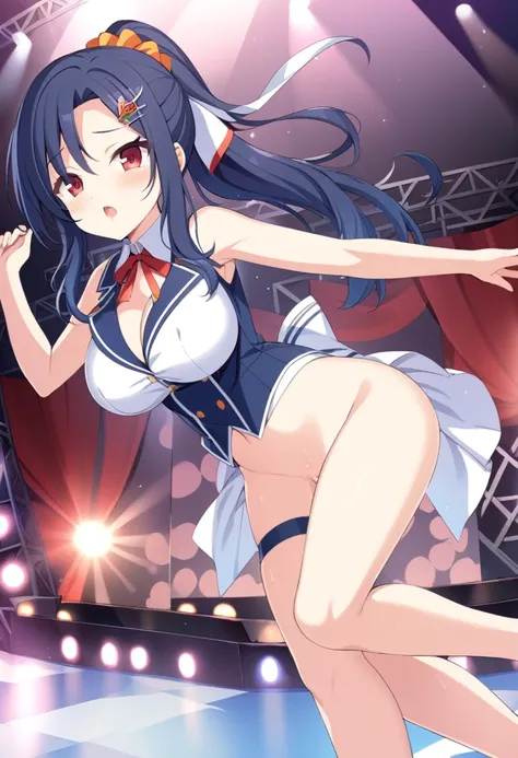 MIZUNOFUUKA, BLUE HAIR, BLACK HAIR, PONYTAIL, SCRUNCHIE, HAIR ORNAMENT, LONG HAIR, RED EYES,,15years old,  large breasts,, Live Stage, solo, nsfw