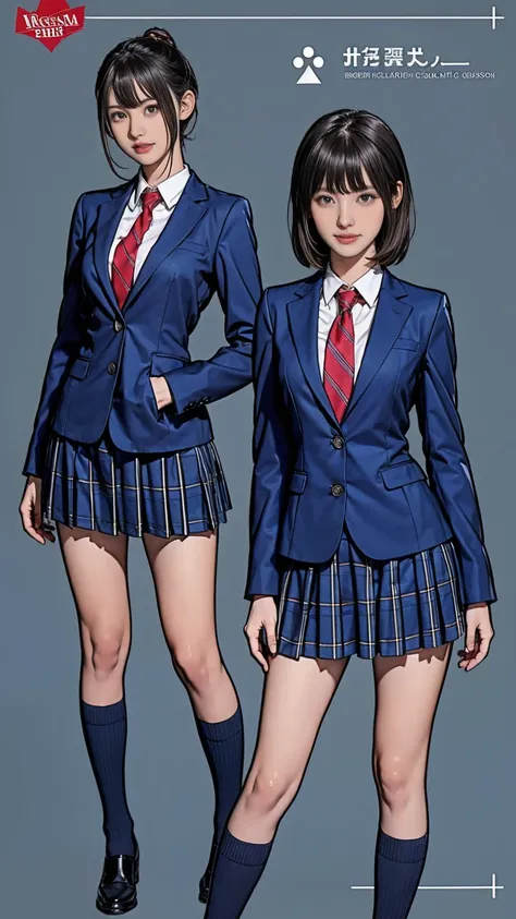 ((masterpiece)),(((Highest quality))),((Character design sheet)),Thin thighs,Long legs,Girl standing in a school classroom,Red Tie Uniform,Dark Blue Blazer,Blue plaid skirt,18-year-old,bangs,A small smile,Random Pause，pretty girl，Slender girl，