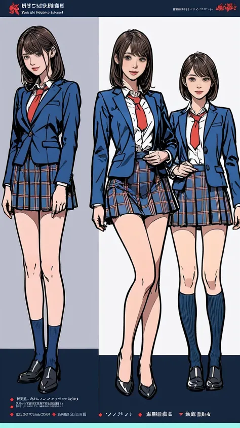 ((masterpiece)),(((Highest quality))),((Character design sheet)),Thin thighs,Long legs,Girl standing in a school classroom,Red Tie Uniform,Dark Blue Blazer,Blue plaid skirt,18-year-old,bangs,A small smile,Random Pause，pretty girl，Slender girl，