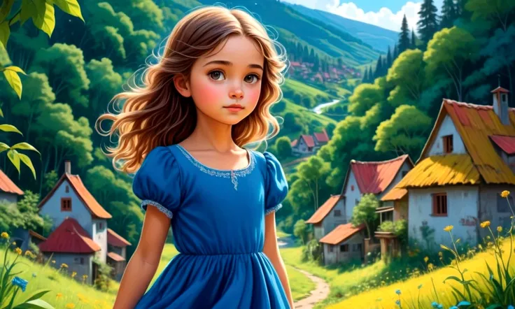 Draw a young girl wearing a blue dress. In the background a small village surrounded by dense forests.