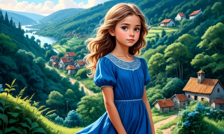 Draw a young girl wearing a blue dress. In the background a small village surrounded by dense forests.